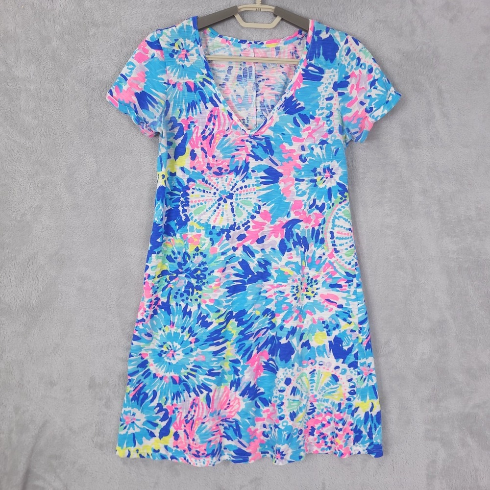Lilly Pulitzer Shirt Women XS Ladies Blue Pink Outdoors Floral Tie Dye V Neck